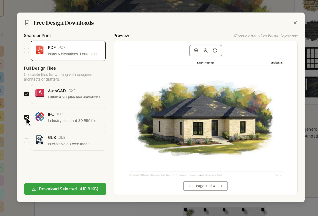 Drafted free design downloads modal with PDF, AutoCAD, IFC, and GLB export options