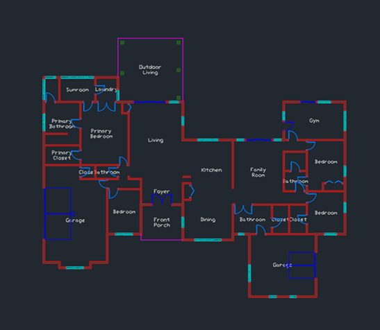 CAD export screenshot showing a floor plan and 3D house model.