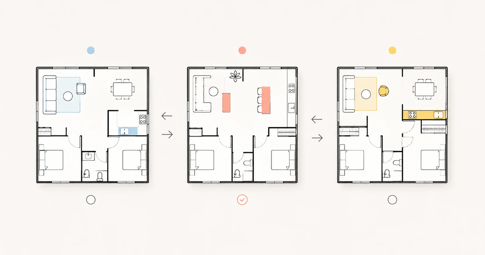 Three floor plan revision options shown side by side with color-coded client feedback and selection markers.