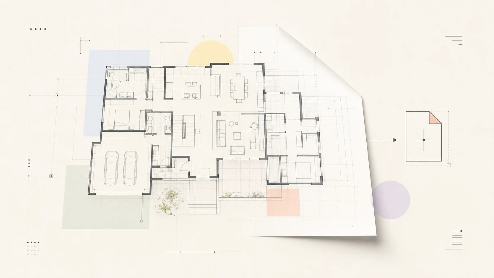 Minimal architectural systems poster showing a floor plan becoming a PDF plan sheet.