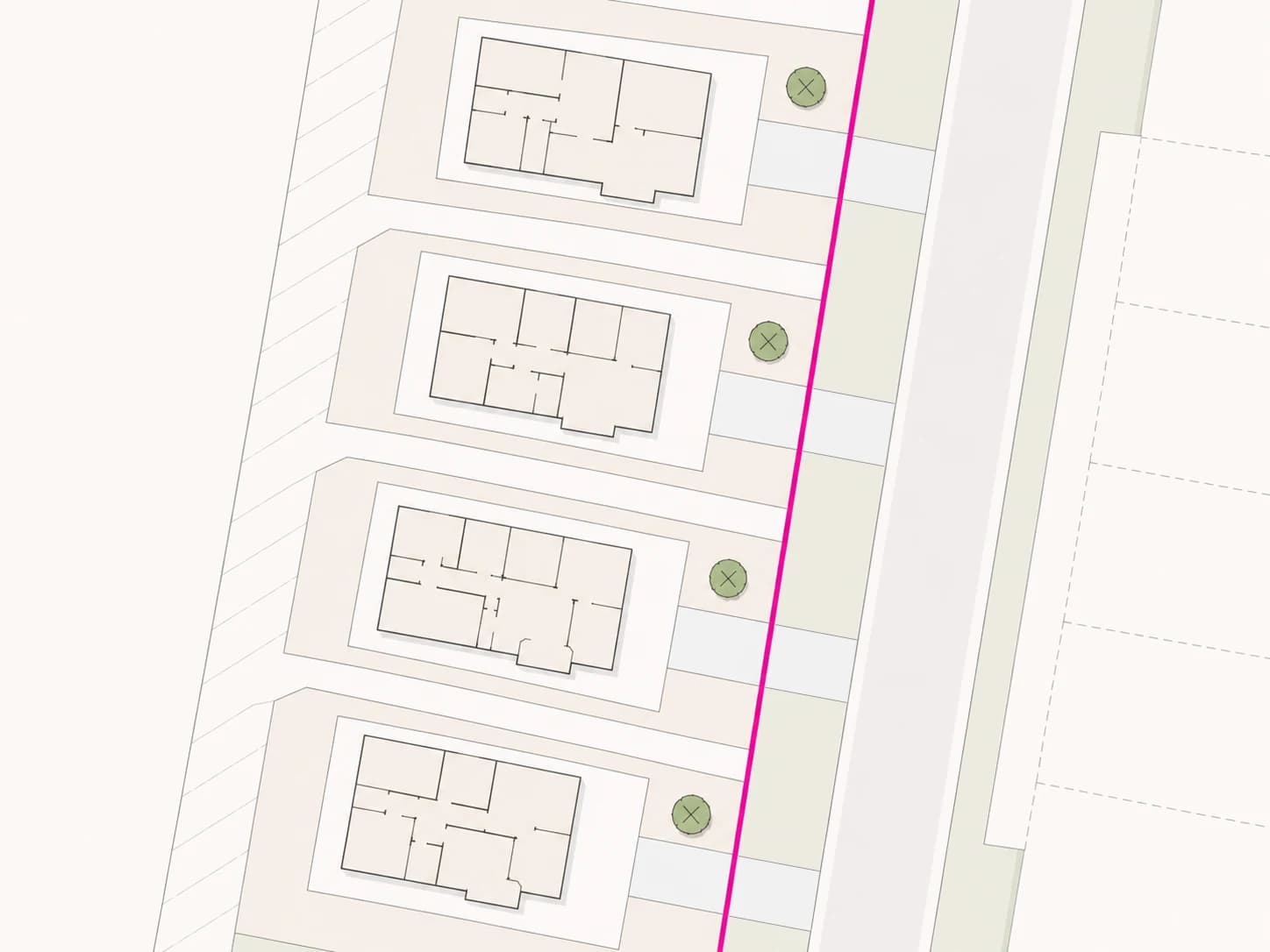 Soft site plan illustration showing a row of neighborhood house concepts along a street.
