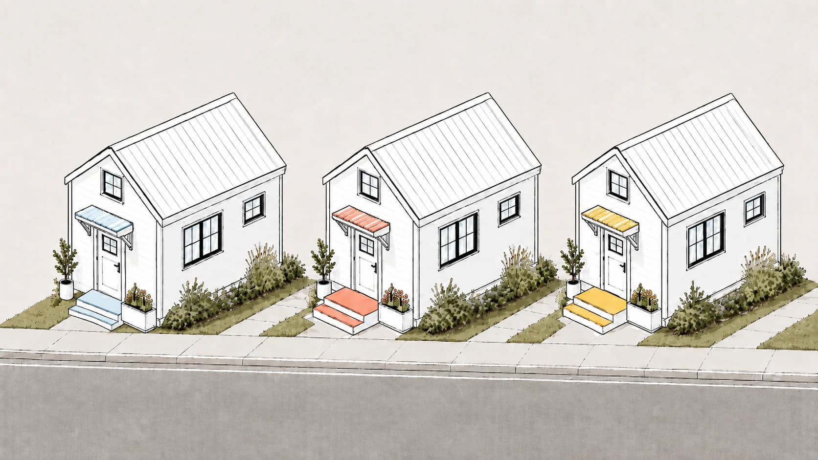Three small home development concepts lined along a sidewalk with blue, coral, and yellow porch accents.
