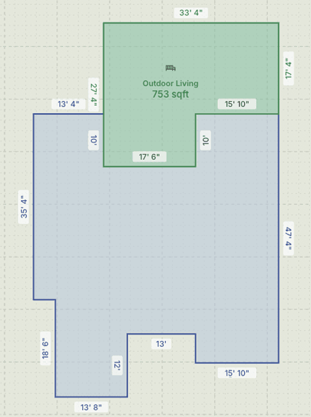 Drafted canvas plan with a house footprint and outdoor living area.