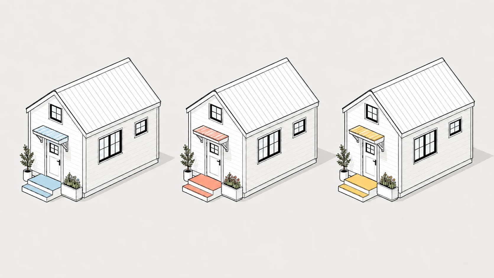Three illustrated tiny home and ADU exterior concepts with blue, coral, and yellow porch accents.