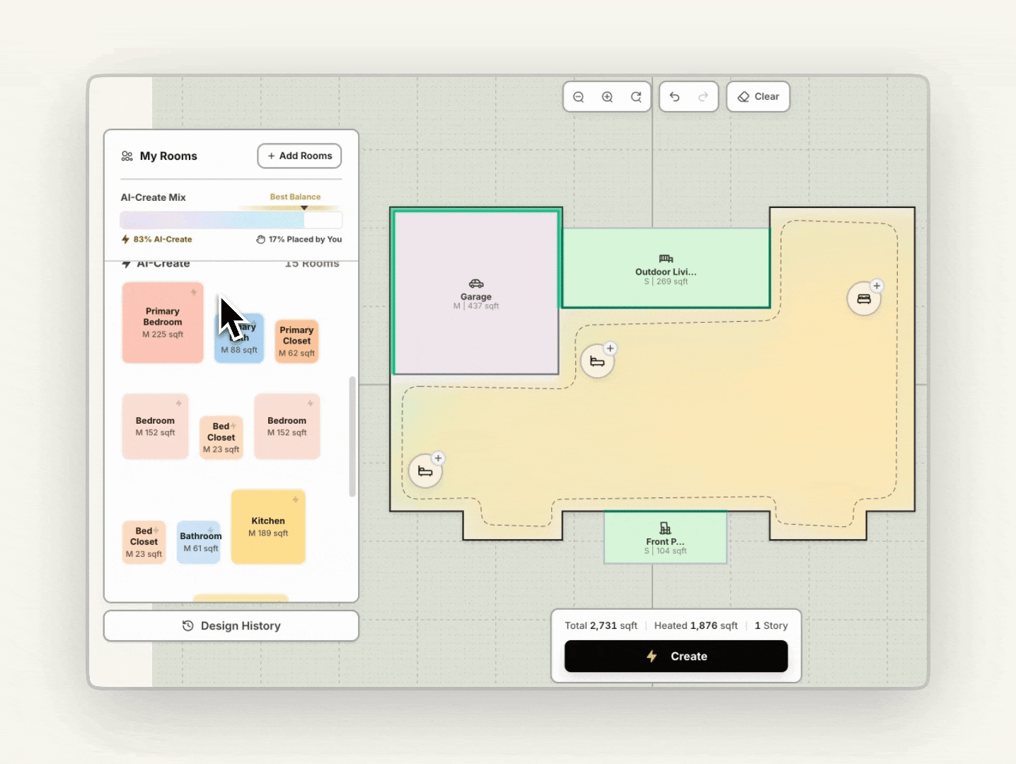 The user grabs a room from their wish list, then drags and drops it onto a house plan layout shape on an interactive canvas