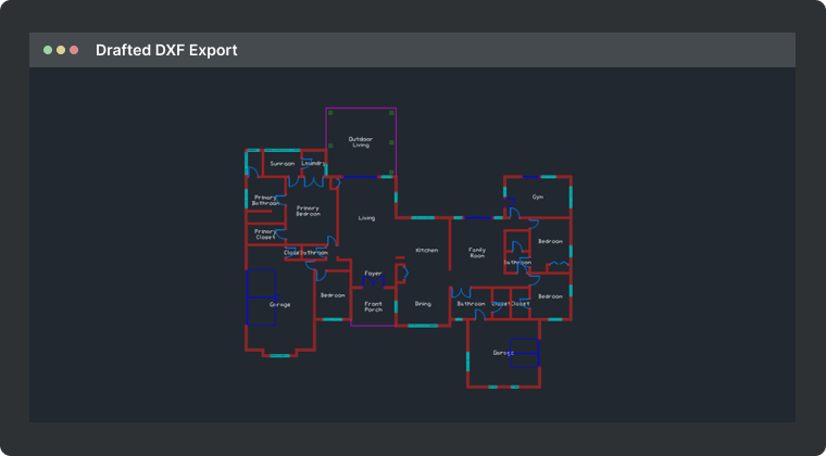 Drafted DXF export preview showing a residential floor plan in CAD linework.